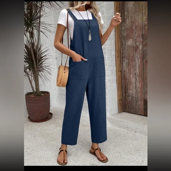 Women's Blue Linen Overalls - Picture 4 of 8